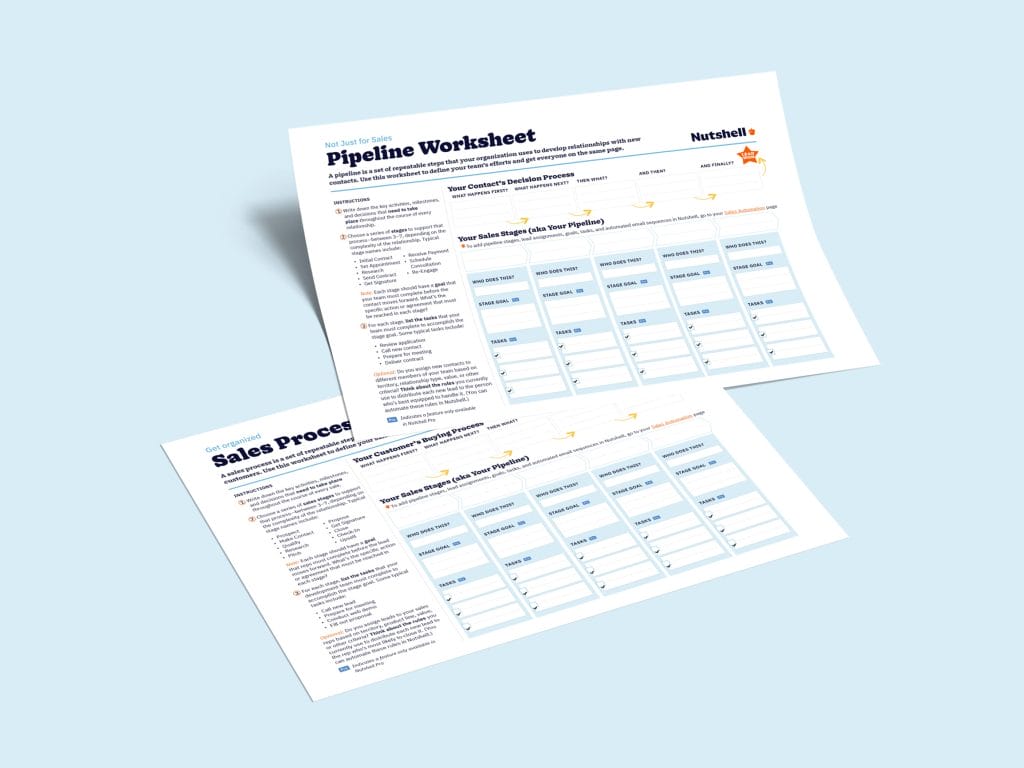 a pipeline worksheet and a sales Process worksheet are sitting on top of each other on a blue surface