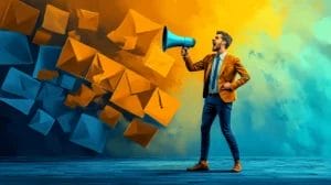 A marketer using a megaphone to announce that he found the best email marketing tool