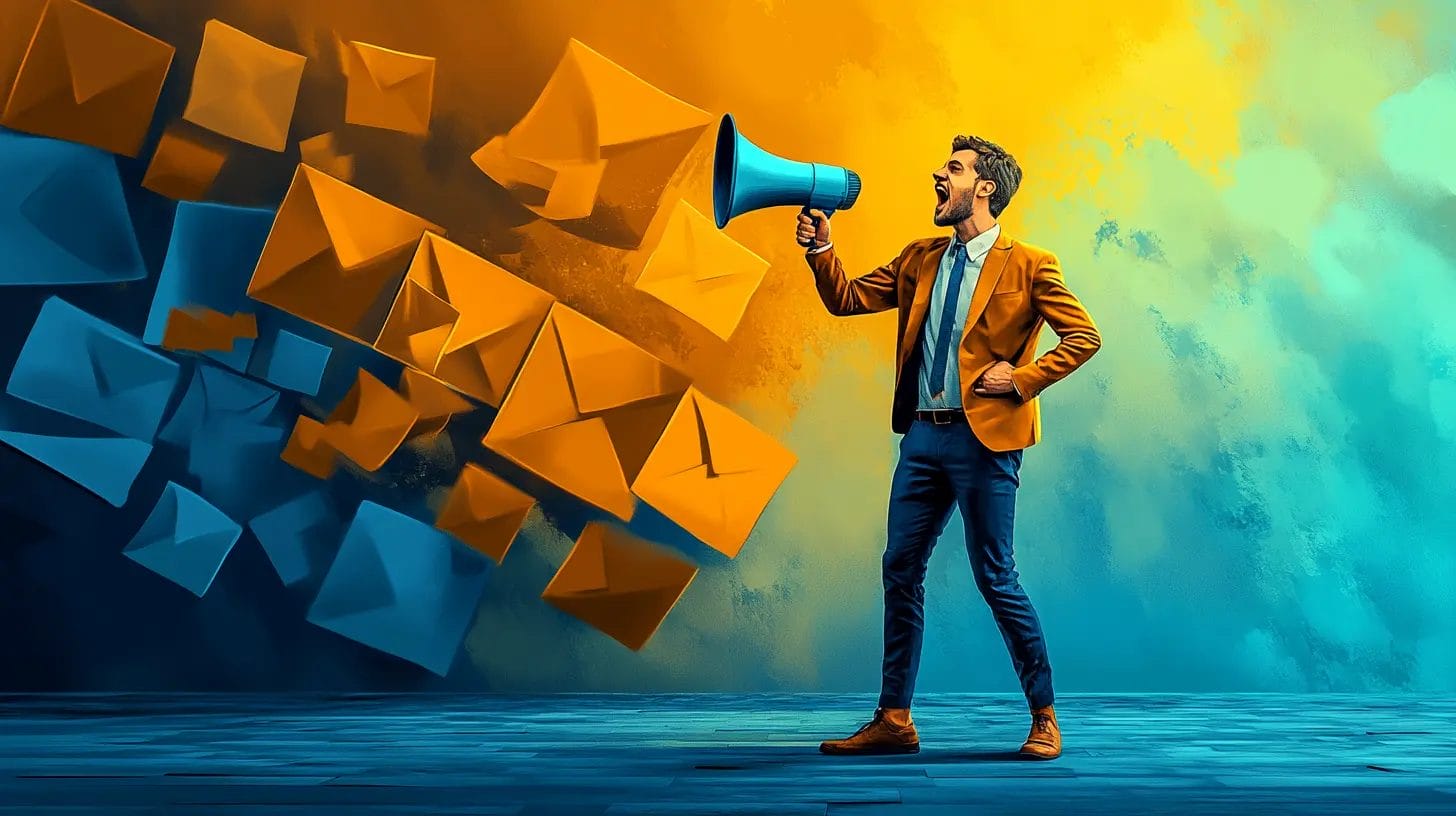 A marketer using a megaphone to announce that he found the best email marketing tool