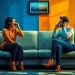 One person is sitting down on a couch and yelling while the other is covering ears