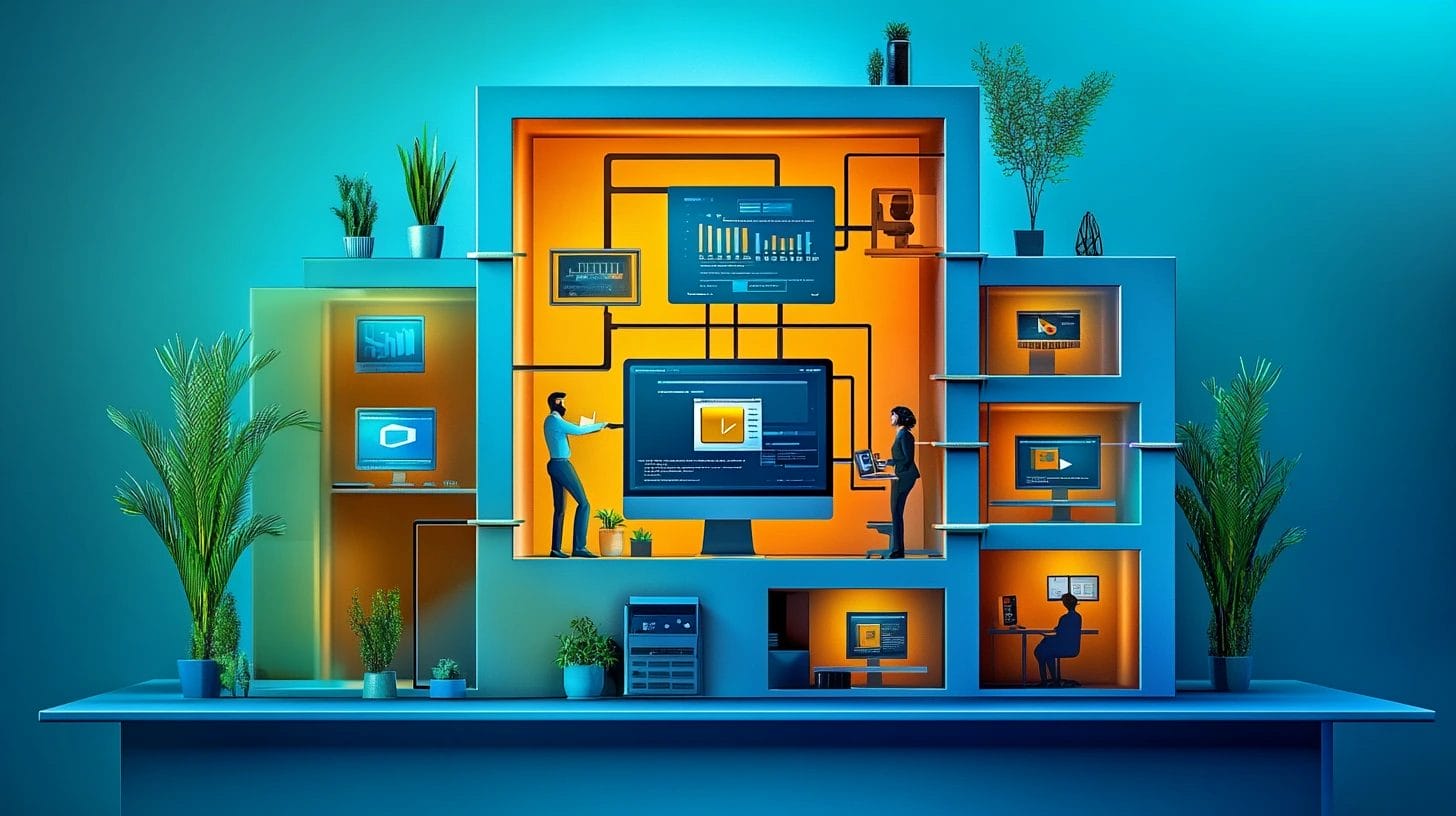 a computer in the center with different computers surrounding and connected to the center