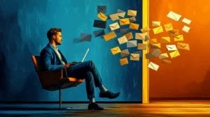 a person is sitting relaxed on a chair while emails are moving and flying forward