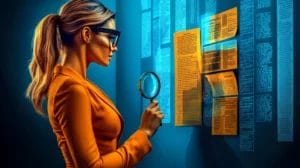 a lady with a magnifying glass is searching for words on papers pasted on a wall