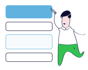 eine Cartoon-Illustration einer Person mit Blöcken, die den Verkaufsprozess darstellen