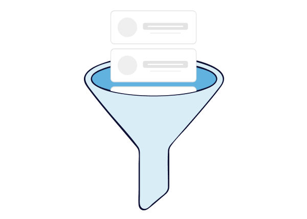 a cartoon illustration of a blue funnel with three boxes going into it