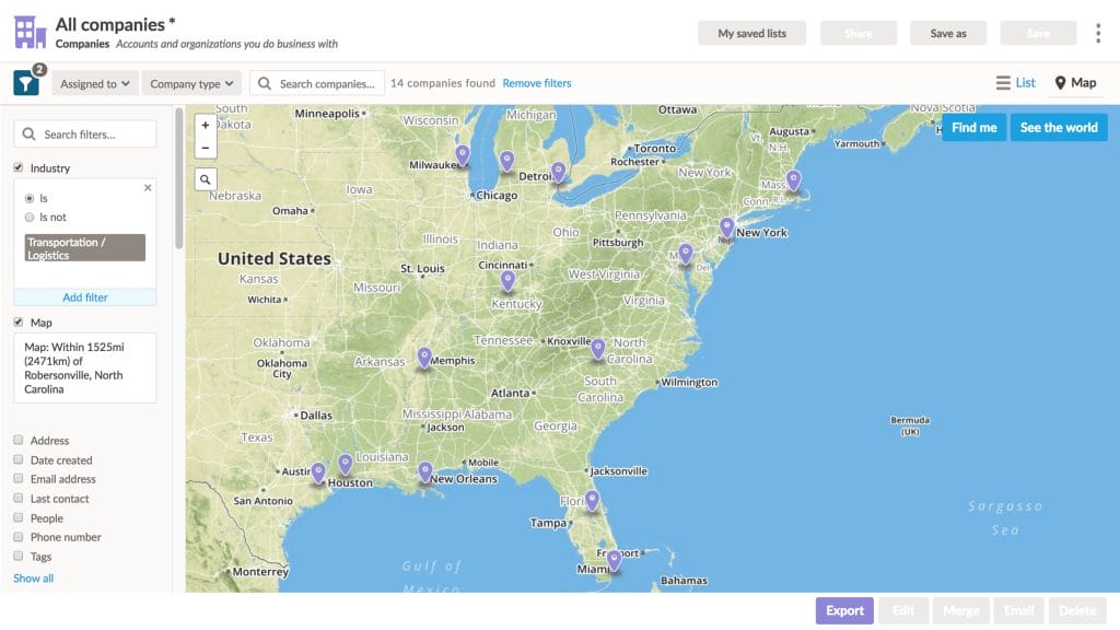 the Nutshell mobile app displays a map and the location of a lead