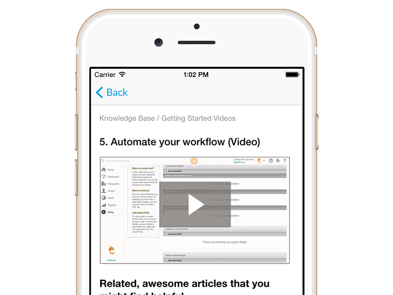knowledge base getting started video on Nutshell mobile app