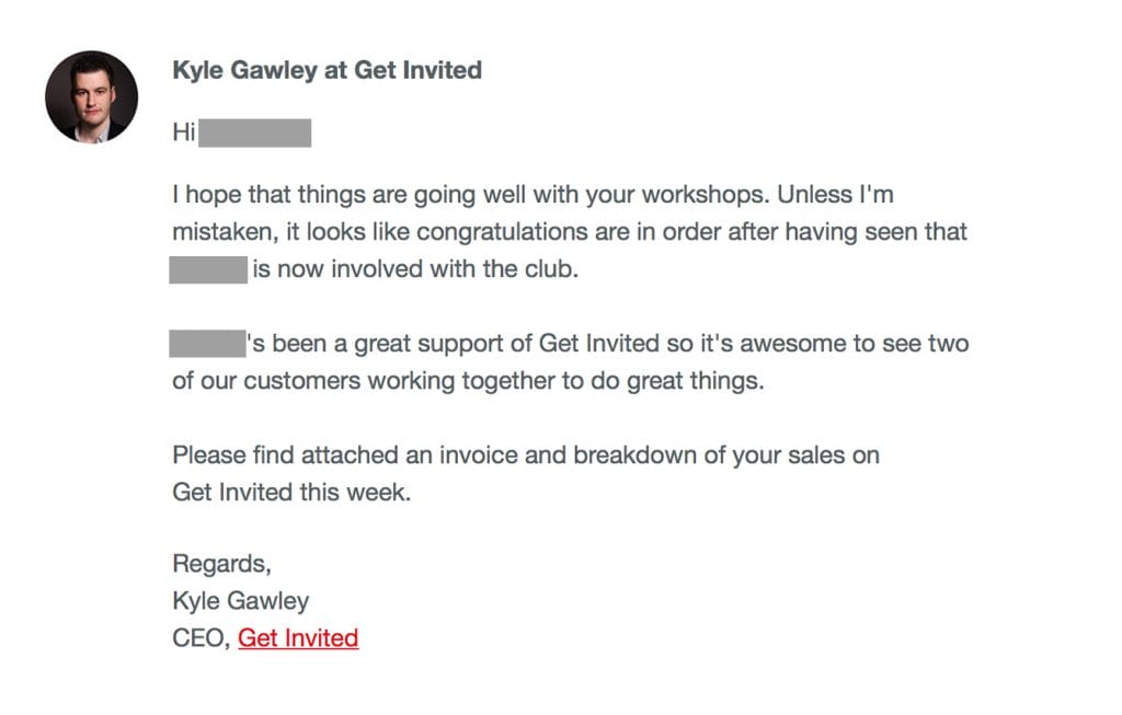 an email from kyle gawley at Get Invited