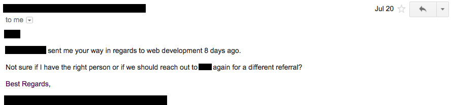 a screenshot of an email to a web developer