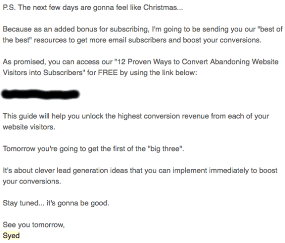 Example of a welcome email with a free gift