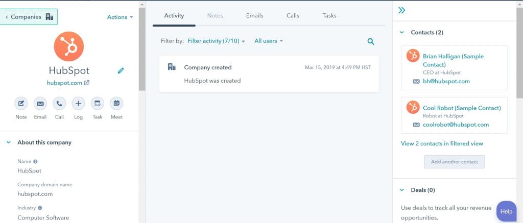 a screenshot of a company called HubSpot