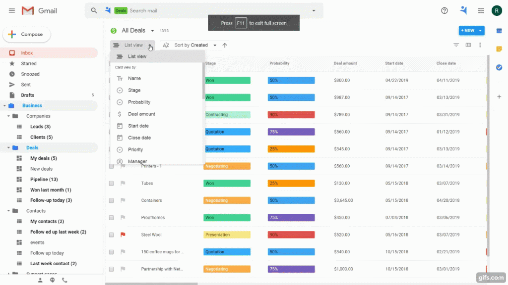 nethunt crm deals report pulled from g suite