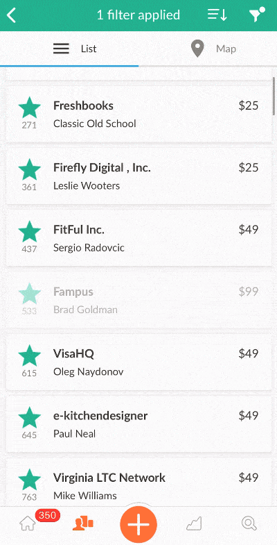 a screenshot of the Nutshell mobile app using search filters