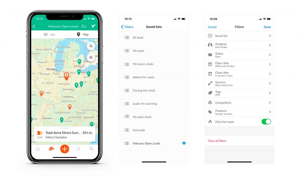 a phone screen shows the February open leads in the Nutshell mobile app