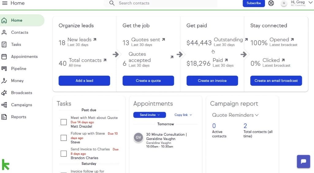 a screenshot of the the Keap CRM dashboard