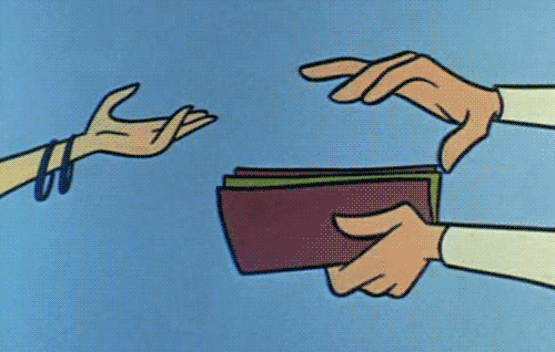 a cartoon of a person handing another person a wallet full of money