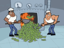 a cartoon of two men shoveling money into a fireplace