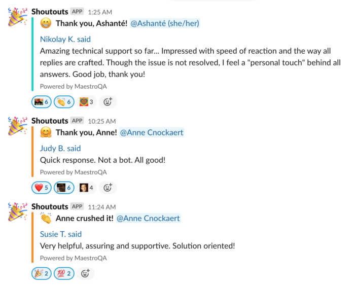a screenshot of a Slack conversation of shoutouts for team members