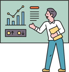 an animated image of a man presenting data through charts
