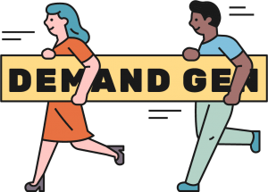 an animated image of a man and a woman running and carrying a demand gen sign