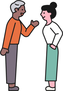 an animated image of a man and a woman talking to each other