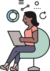 an animated image of a woman holding a tablet and thinking search engine marketing