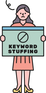 an animated image of a woman carrying a no to keyword stuffing sign