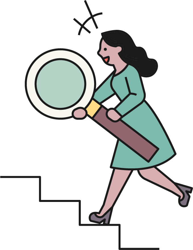 an animated image of a woman going up the stairs and carrying a big magnifying glass