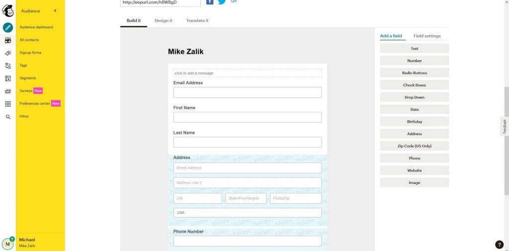 a screenshot of a Mailchimp form in the dashboard