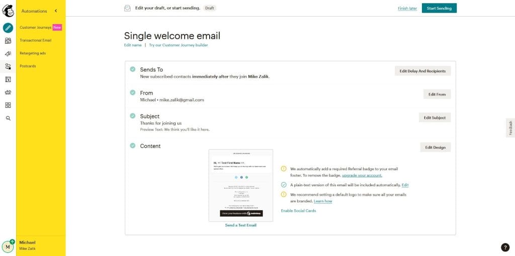 a screenshot of a single welcome email in Mailchimp