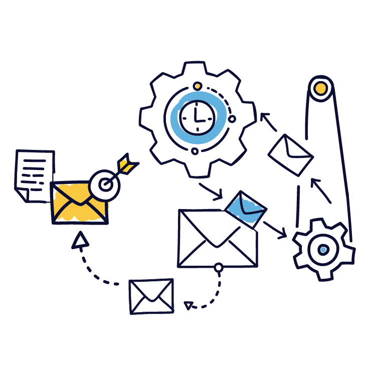 a drawing of gears and envelopes against a black background