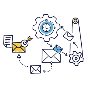 multiple gears and envelopes against a black background