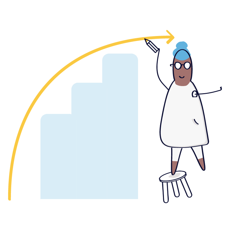 woman standing on a stool next to a graph with an arrow pointing up