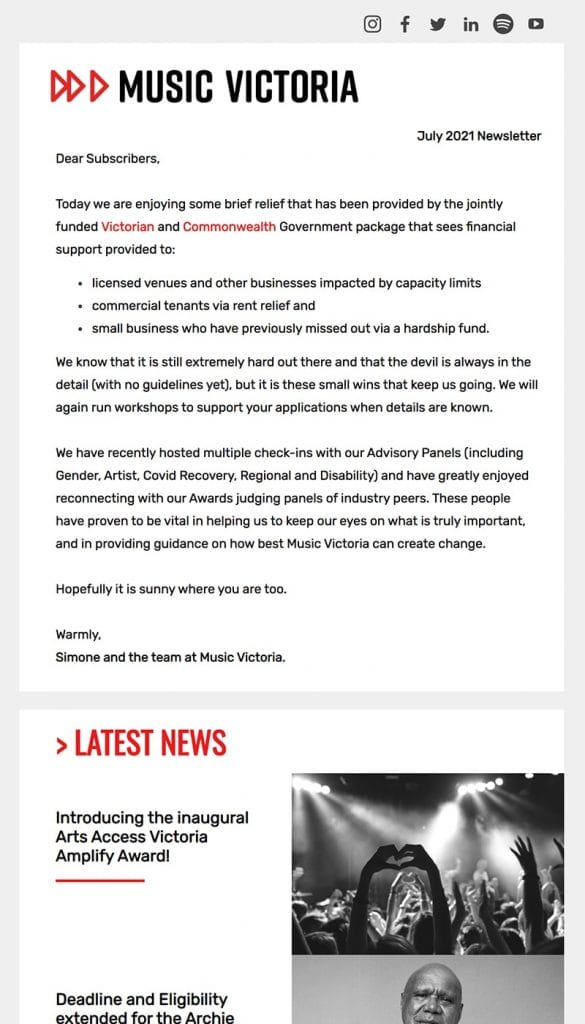 a july 2021 newsletter from music victoria