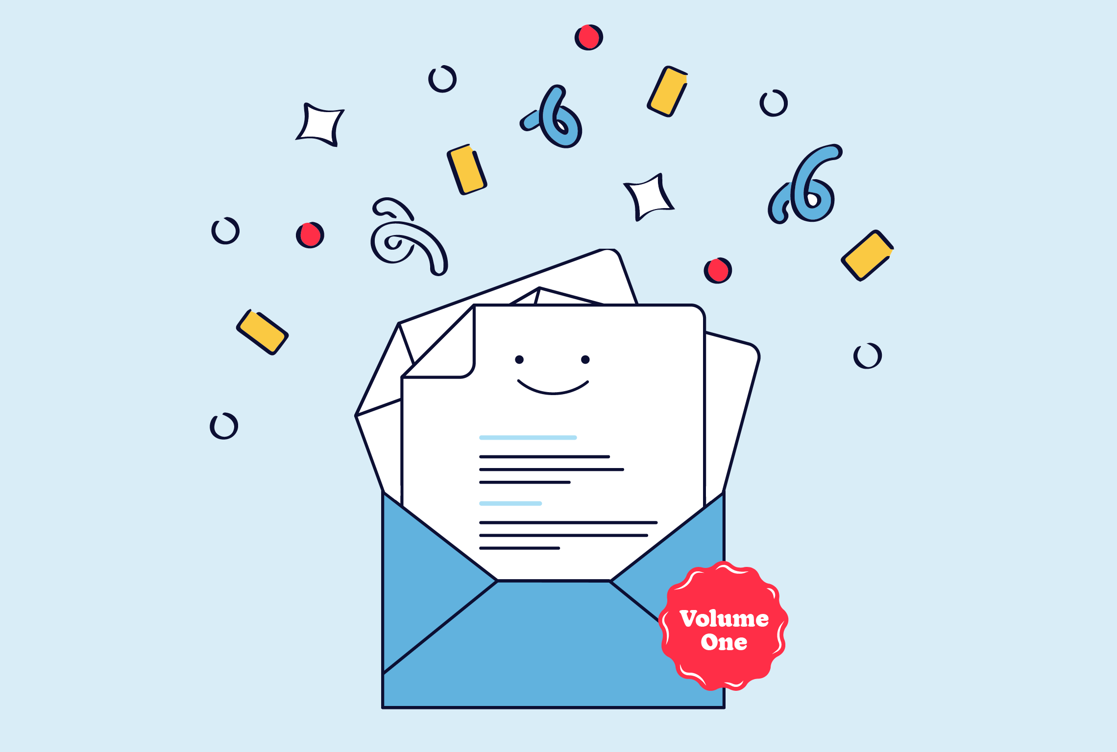 an envelope with a letter in it, confetti above it, and the words "Volume One" on a seal next to it