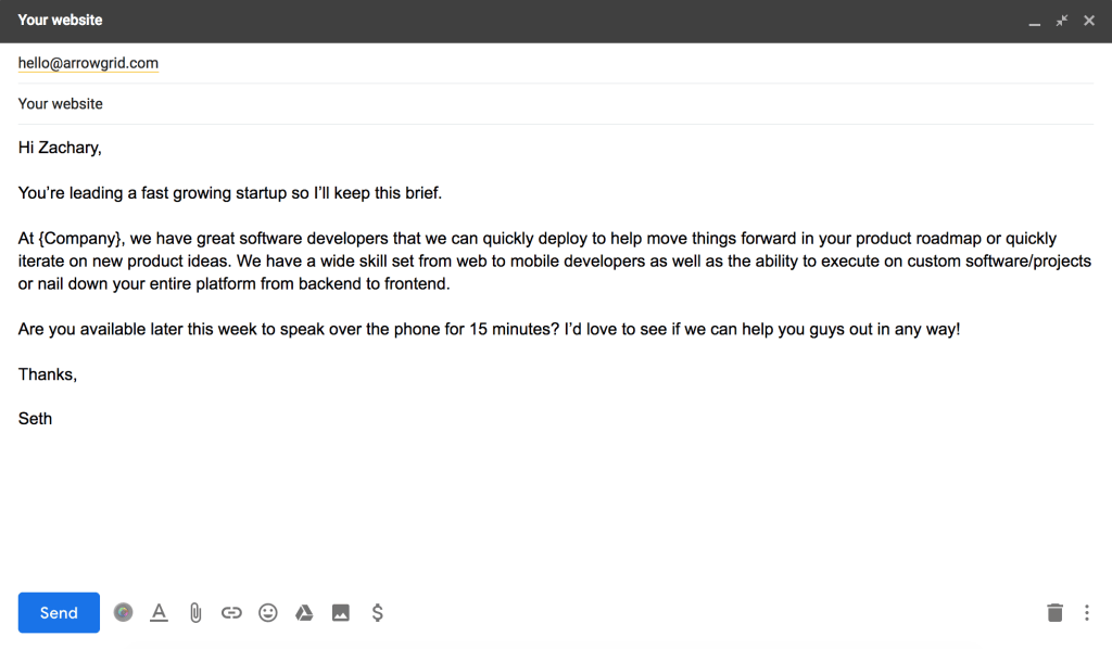 example of a cold B2B sales email that is brief and includes a compliment