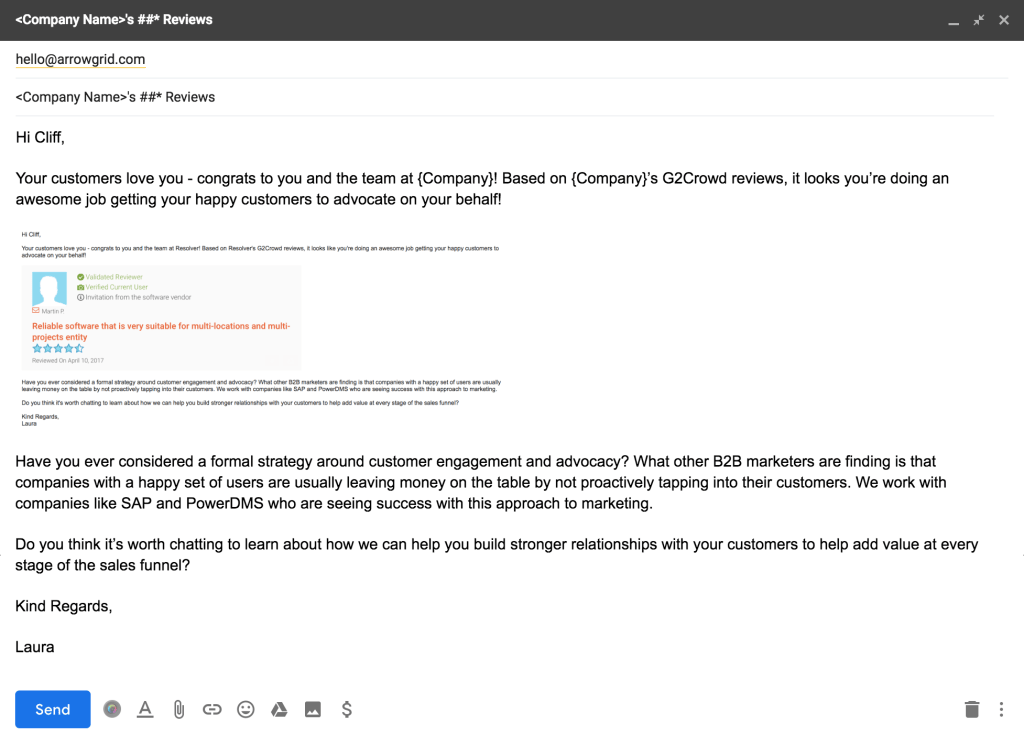A B2B cold sales email that highlights positive reviews