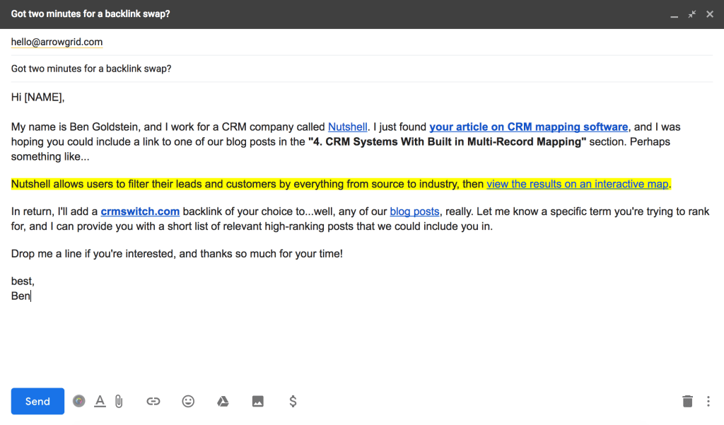 A B2B cold email about link swapping