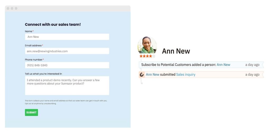Nutshell contact form example and notifications screenshot