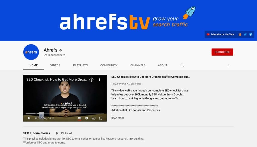 a screenshot of a YouTube channel called ahrefstv