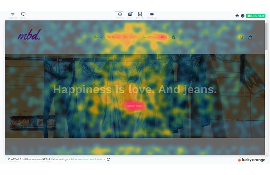 a heatmap of a website that says happiness is love and jeans