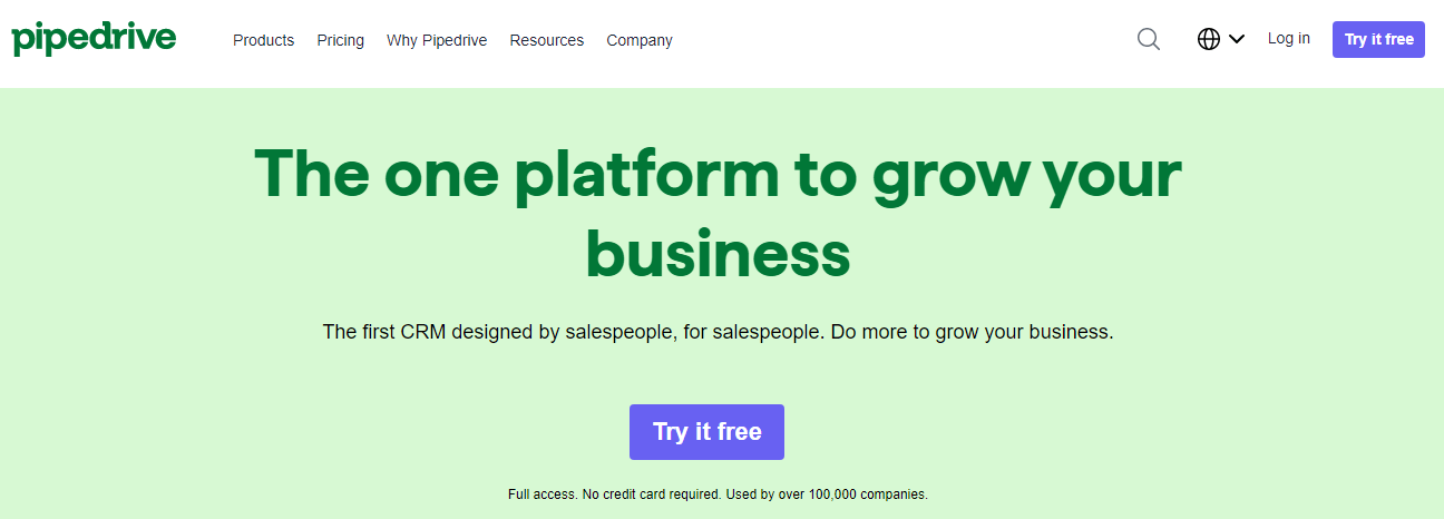 Pipedrive landingspagina met de woorden het enige platform om je bedrijf te laten groeien