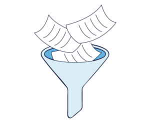 eine Cartoon-Illustration eines blauen Trichters, in den drei Papiere einfließen