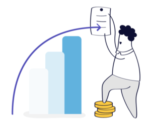 eine Cartoon-Illustration einer Person, die auf Münzen tritt und ein Blatt Papier mit einem Balkendiagramm in der Hand hält