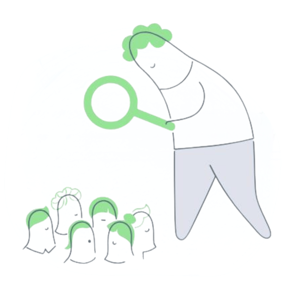 person with a magnifying glass looking down on other people