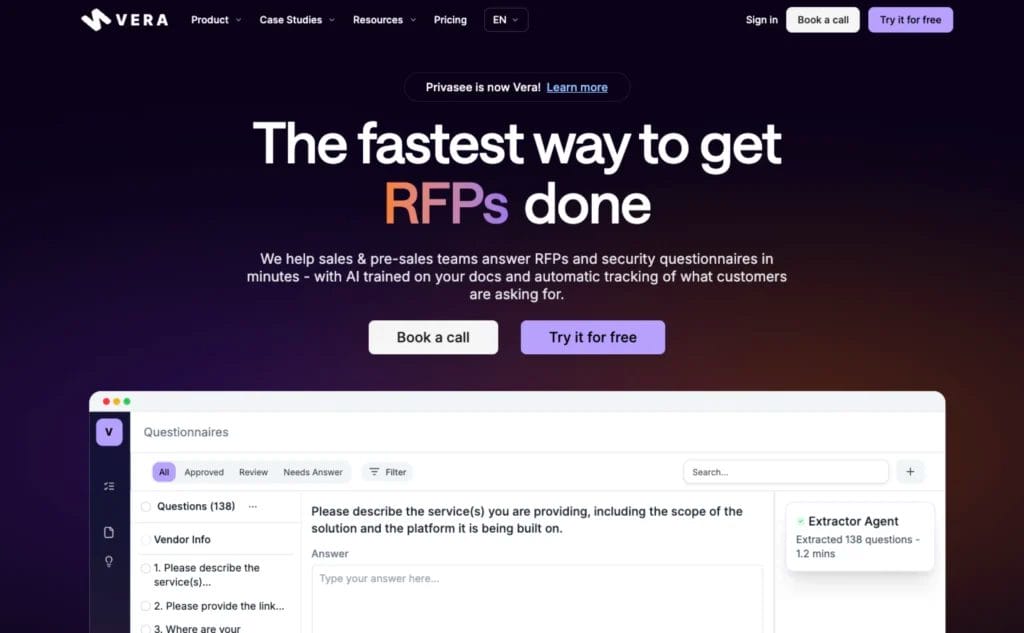The homepage of Vera, a proposal management software tool