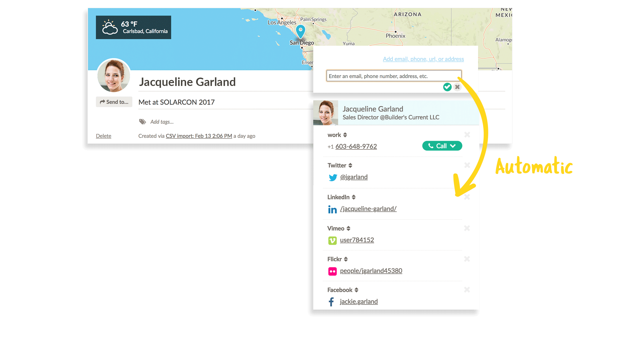 et skjermbilde av en person ved navn Jacqueline Garland som automatisk får kontaktinformasjonen sin lagt til i profilen sin på Nutshell