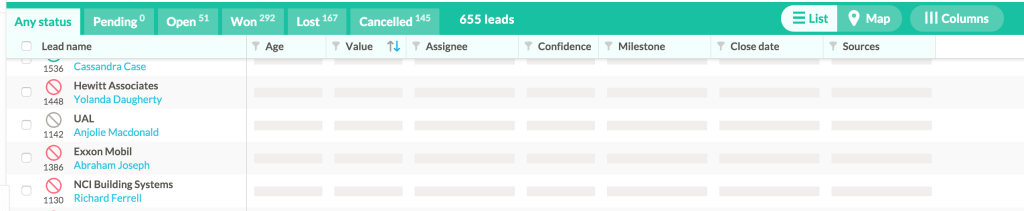 a list of leads is displayed on a computer screen