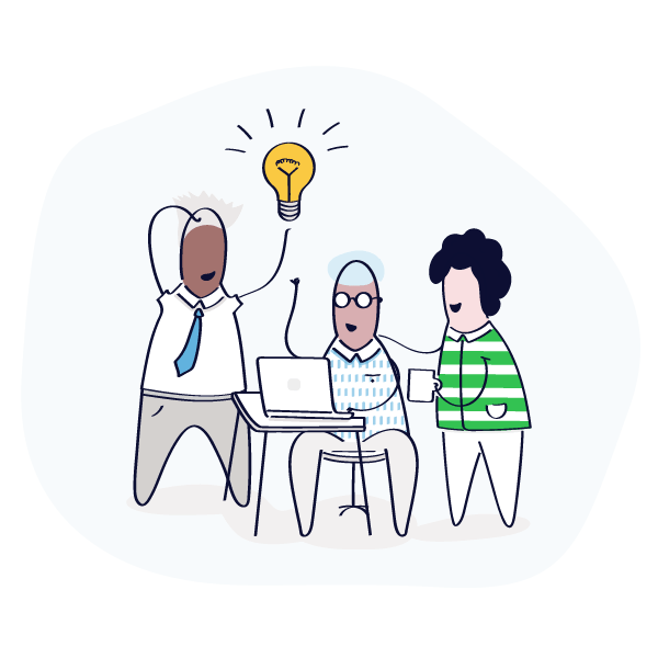 a group of people are gathered around a laptop with a light bulb above them