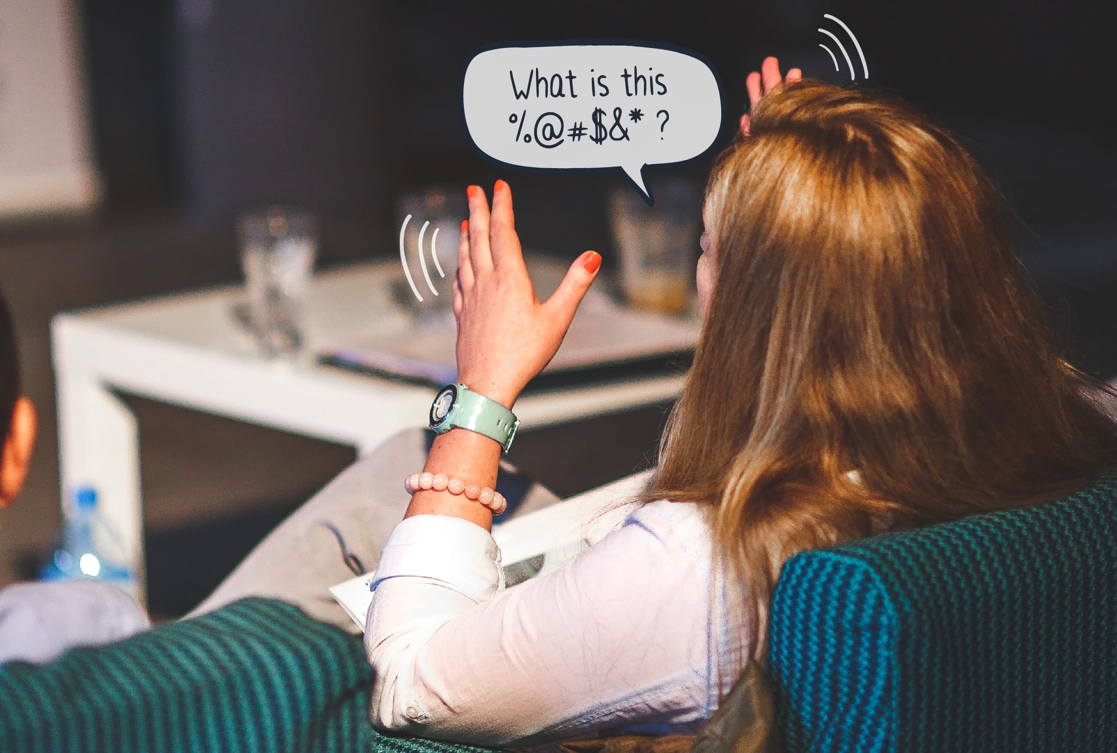 a woman sitting in a chair with a speech bubble that says what is this